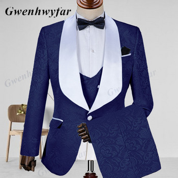 Gwenhwyfar Jacquard Champagne Men Suit 2022 Shall Lapel Slim Fit Jacket+жилетка+панталон за сватба Groom Business Man Party Tuxedos