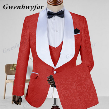 Gwenhwyfar Jacquard Champagne Men Suit 2022 Shall Lapel Slim Fit Jacket+жилетка+панталон за сватба Groom Business Man Party Tuxedos