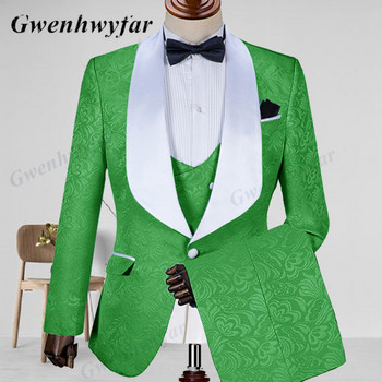 Gwenhwyfar Jacquard Champagne Men Suit 2022 Shall Lapel Slim Fit Jacket+жилетка+панталон за сватба Groom Business Man Party Tuxedos