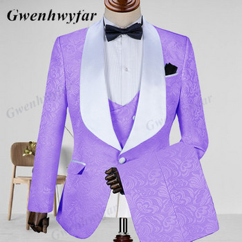 Gwenhwyfar Jacquard Champagne Men Suit 2022 Shall Lapel Slim Fit Jacket+жилетка+панталон за сватба Groom Business Man Party Tuxedos