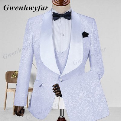 Gwenhwyfar Jacquard pezsgő férfi öltöny 2022 kendő hajtóka Slim Fit kabát + mellény + nadrág esküvői vőlegénynek üzletember parti szmokingok