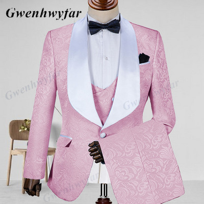 Gwenhwyfar Jacquard pezsgő férfi öltöny 2022 kendő hajtóka Slim Fit kabát + mellény + nadrág esküvői vőlegénynek üzletember parti szmokingok