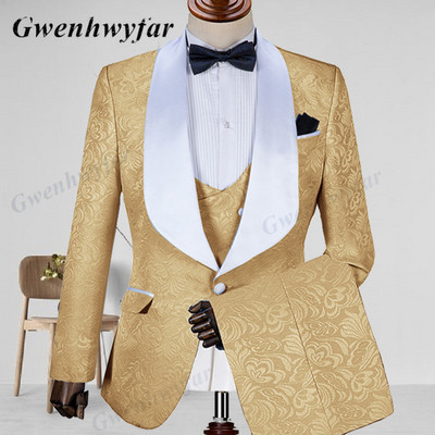 Gwenhwyfar Jacquard pezsgő férfi öltöny 2022 kendő hajtóka Slim Fit kabát + mellény + nadrág esküvői vőlegénynek üzletember parti szmokingok