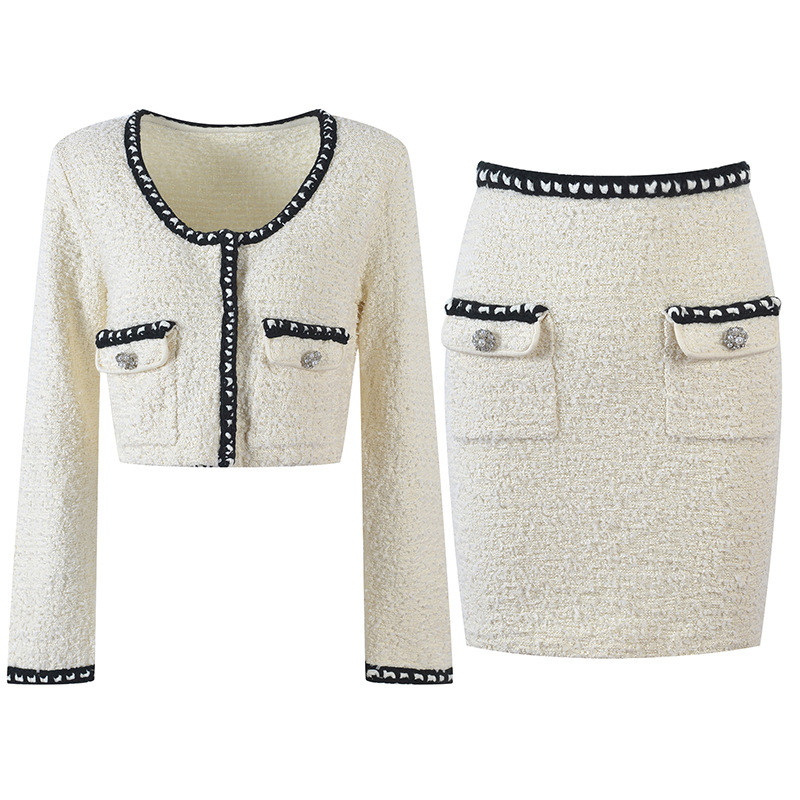 Divatos kétrészes szettek Női ruhák Elegáns pulóver Kardigánok Hosszú ujjú Mini szoknya Kötött Crop felsők Fehér öltöny Koreai Hölgy