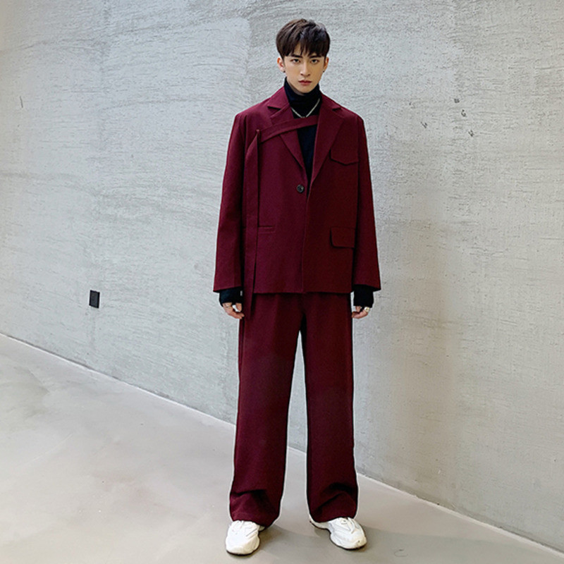 IEFB Niche Férfi Ruházat Piros Szabálytalan Tie szabás Blézerek Laza kabát + Alkalmi öltönynadrágok 2023 Őszi új készlet 9Y52703