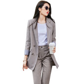 Divat női sárgabarack fekete nadrágkosztüm irodai hölgyeknek Üzleti interjú Munkaruházat Hosszú bő blézer és nadrág 2 részes szett