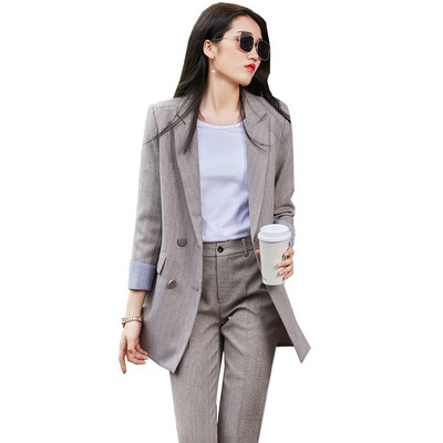 Divat női sárgabarack fekete nadrágkosztüm irodai hölgyeknek Üzleti interjú Munkaruházat Hosszú bő blézer és nadrág 2 részes szett