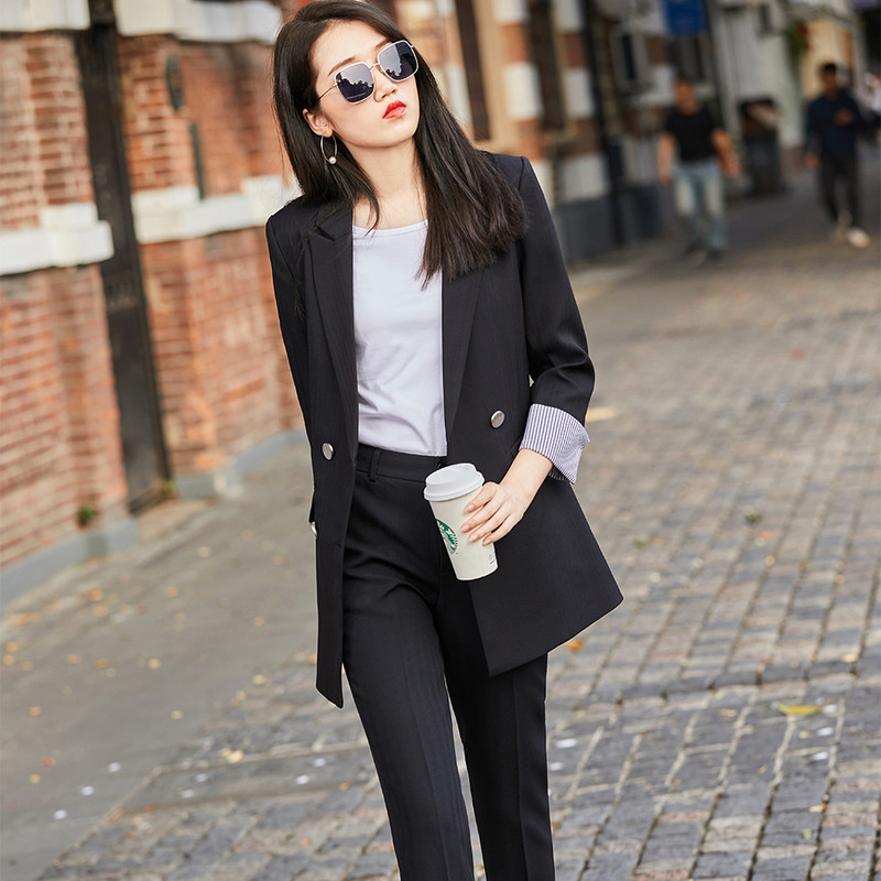 Divat női sárgabarack fekete nadrágkosztüm irodai hölgyeknek Üzleti interjú Munkaruházat Hosszú bő blézer és nadrág 2 részes szett