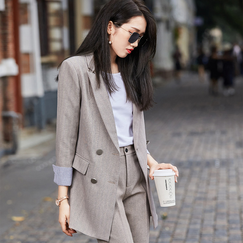 Divat női sárgabarack fekete nadrágkosztüm irodai hölgyeknek Üzleti interjú Munkaruházat Hosszú bő blézer és nadrág 2 részes szett