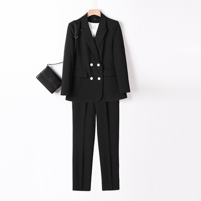 Divat női irodai női formális nadrágkosztüm kajszibarack fekete kék üzleti interjú munka 2 részes szett bő blézer és nadrág