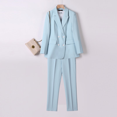 Divat női irodai női formális nadrágkosztüm kajszibarack fekete kék üzleti interjú munka 2 részes szett bő blézer és nadrág