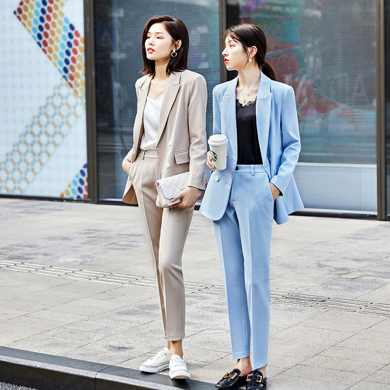 Divat női irodai női formális nadrágkosztüm kajszibarack fekete kék üzleti interjú munka 2 részes szett bő blézer és nadrág