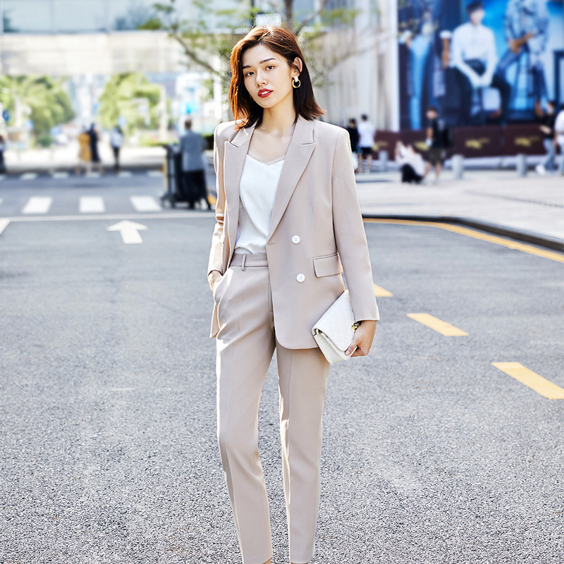 Divat női irodai női formális nadrágkosztüm kajszibarack fekete kék üzleti interjú munka 2 részes szett bő blézer és nadrág