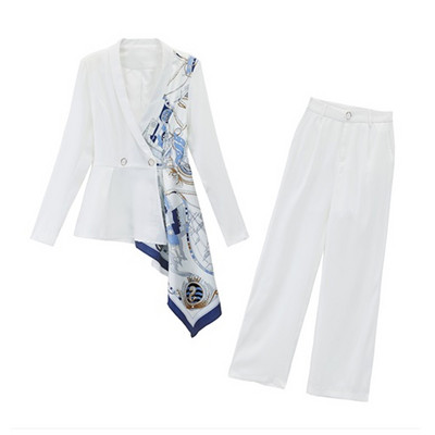 Divatos üzleti vékony nadrágkosztüm Alkalmi formális, kétsoros mintás blézerkabát és széles lábú nadrág szett, kétrészes öltöny