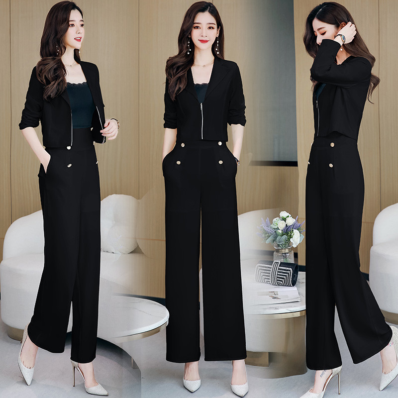 Női rövid blézer és széles szárú nadrág öltöny, kétrészes irodai női cipzáras kabát formális szettek nadrágok tavaszi ősz