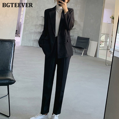 BGTEEVER tavaszi munkaruha 2 részes blézer szett női duplasoros öltöny dzseki és magas derekú ceruzanadrág női fekete nadrág öltöny