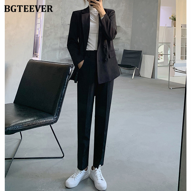 BGTEEVER tavaszi munkaruha 2 részes blézer szett női duplasoros öltöny dzseki és magas derekú ceruzanadrág női fekete nadrág öltöny
