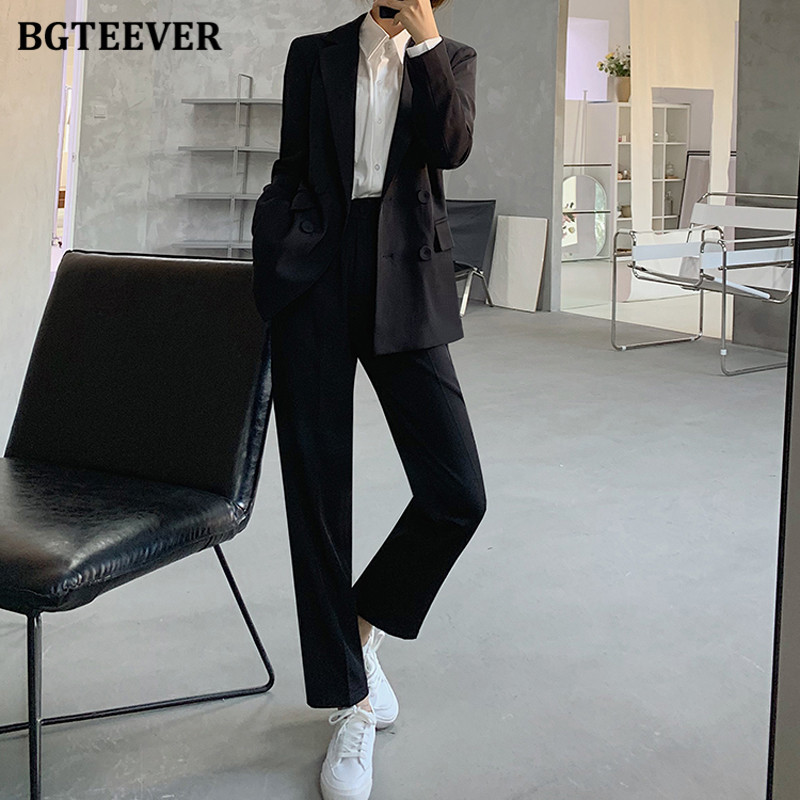 BGTEEVER tavaszi munkaruha 2 részes blézer szett női duplasoros öltöny dzseki és magas derekú ceruzanadrág női fekete nadrág öltöny