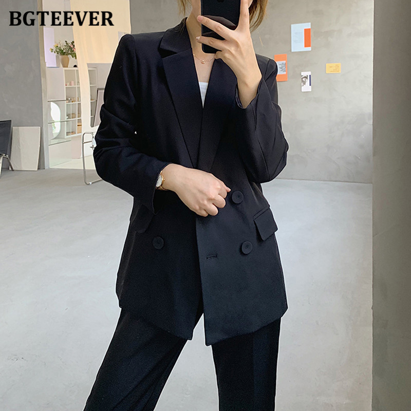 BGTEEVER tavaszi munkaruha 2 részes blézer szett női duplasoros öltöny dzseki és magas derekú ceruzanadrág női fekete nadrág öltöny