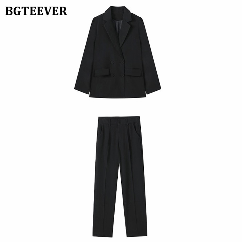 BGTEEVER tavaszi munkaruha 2 részes blézer szett női duplasoros öltöny dzseki és magas derekú ceruzanadrág női fekete nadrág öltöny