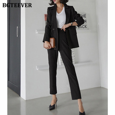 BGTEEVER elegáns, elegáns irodai női nadrágkosztümök, duplagombos női blézer és ceruzanadrág 2021 tavaszi 2 részes női blézer szett