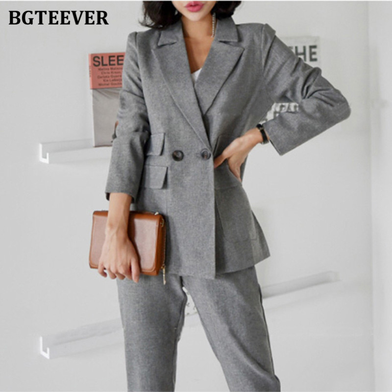 BGTEEVER elegáns, elegáns irodai női nadrágkosztümök, duplagombos női blézer és ceruzanadrág 2021 tavaszi 2 részes női blézer szett