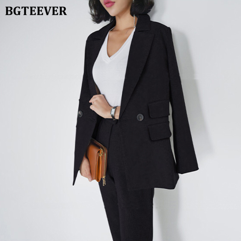 BGTEEVER elegáns, elegáns irodai női nadrágkosztümök, duplagombos női blézer és ceruzanadrág 2021 tavaszi 2 részes női blézer szett