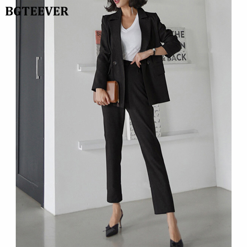 BGTEEVER elegáns, elegáns irodai női nadrágkosztümök, duplagombos női blézer és ceruzanadrág 2021 tavaszi 2 részes női blézer szett