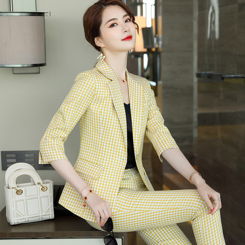 Divat, sárga, piros, fekete, kockás női nadrágkosztüm tavaszi nyárra, a legújabb egységes formatervezésű üzleti 2 részes blézer szett
