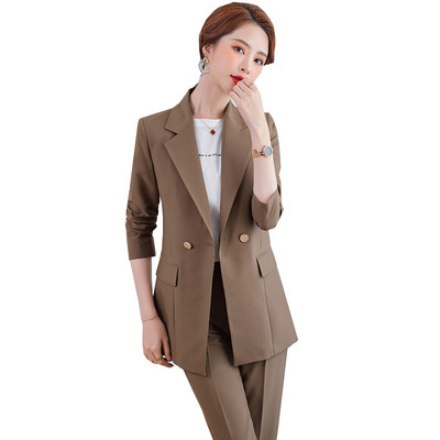 Tavaszi őszi kávé, fekete khaki női formális nadrágkosztüm, női egysoros blézer és nadrág, kétrészes szett