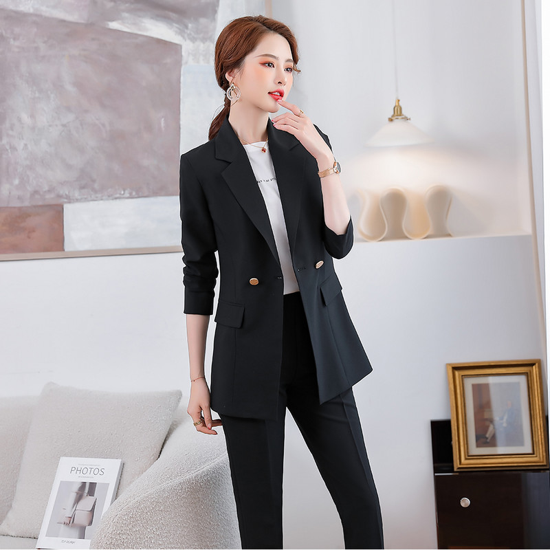 Tavaszi őszi kávé, fekete khaki női formális nadrágkosztüm, női egysoros blézer és nadrág, kétrészes szett