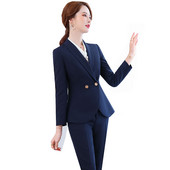 Elegáns kék, fekete női munkanadrág öltöny, karcsú, formális blézer és nadrág, kétrészes szett üzleti viselethez