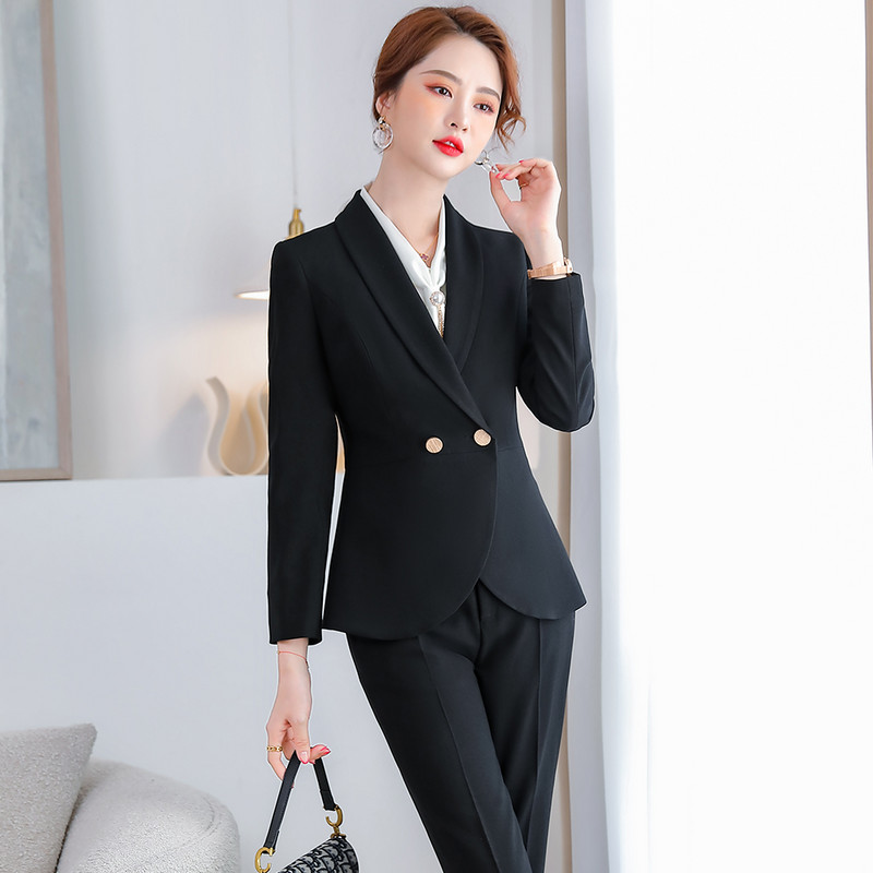 Elegáns kék, fekete női munkanadrág öltöny, karcsú, formális blézer és nadrág, kétrészes szett üzleti viselethez