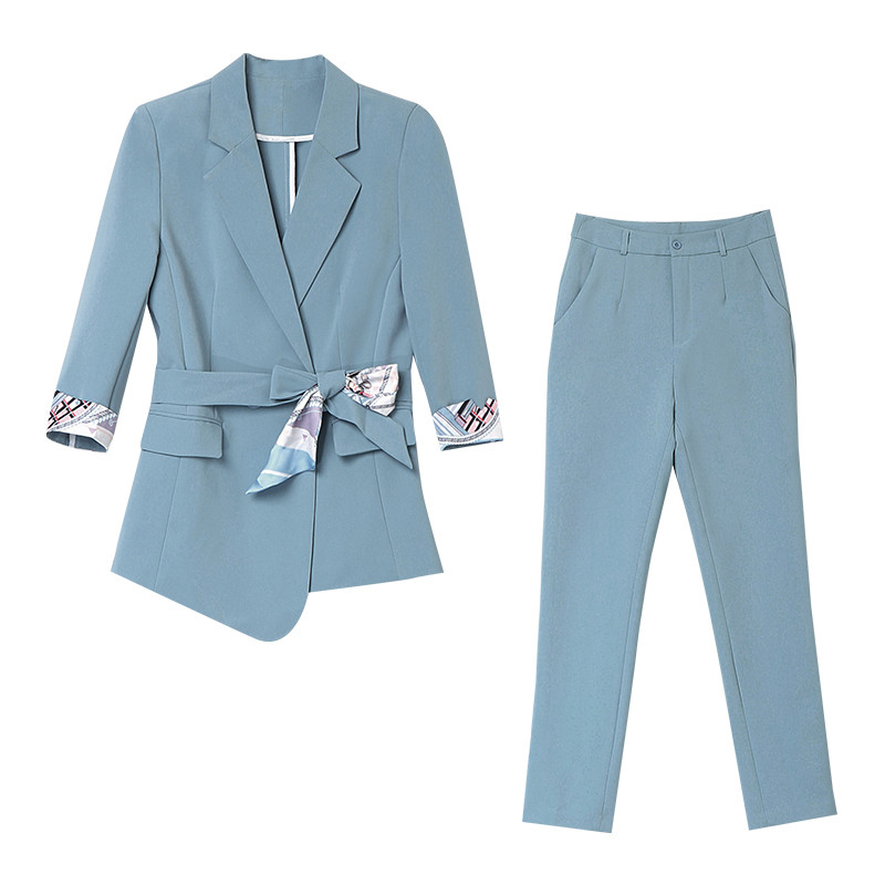 Irodai női blézer öltöny tavaszi nyár karcsú női nadrág szettek koreai fűzős kabát és magas derekú nadrág alkalmi női 2 részes szett