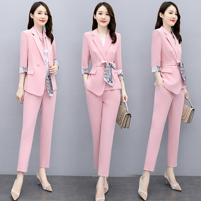 Irodai női blézer öltöny tavaszi nyár karcsú női nadrág szettek koreai fűzős kabát és magas derekú nadrág alkalmi női 2 részes szett