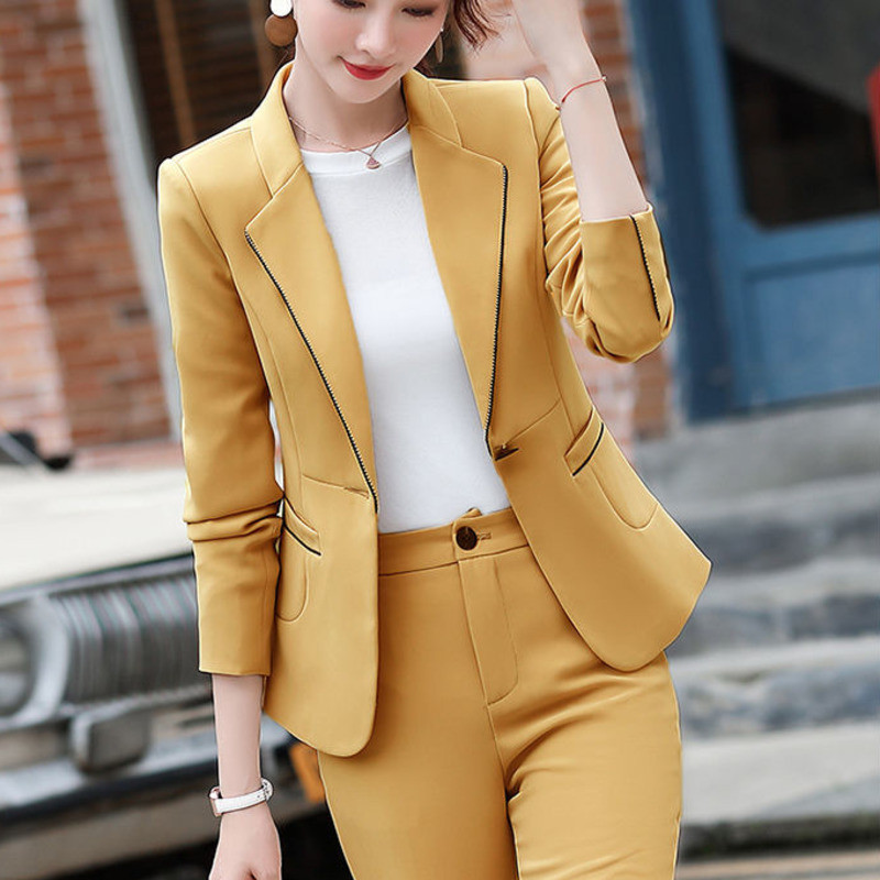 Női kétrészes szett Női egygombos blézer vékony nadrágkosztüm irodai női alkalmi kabát + nadrág egyszínű nadrágkosztüm