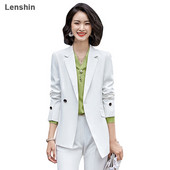 Lenshin kiváló minőségű 2 részes szett formális nadrágkosztüm, sárga blézer irodai női egyenruha, női üzleti dzseki és nadrág