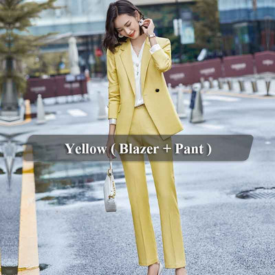 Lenshin kiváló minőségű 2 részes szett formális nadrágkosztüm, sárga blézer irodai női egyenruha, női üzleti dzseki és nadrág