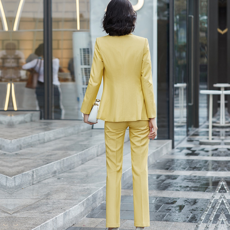 Lenshin kiváló minőségű 2 részes szett formális nadrágkosztüm, sárga blézer irodai női egyenruha, női üzleti dzseki és nadrág