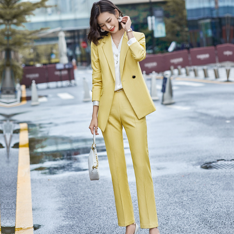 Lenshin kiváló minőségű 2 részes szett formális nadrágkosztüm, sárga blézer irodai női egyenruha, női üzleti dzseki és nadrág