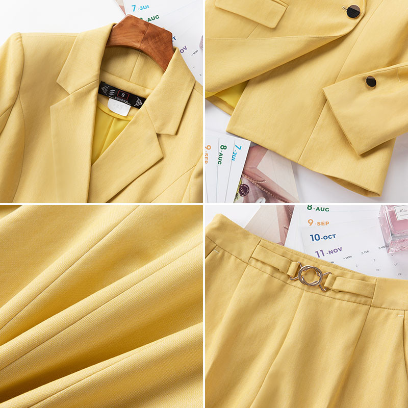Lenshin kiváló minőségű 2 részes szett formális nadrágkosztüm, sárga blézer irodai női egyenruha, női üzleti dzseki és nadrág
