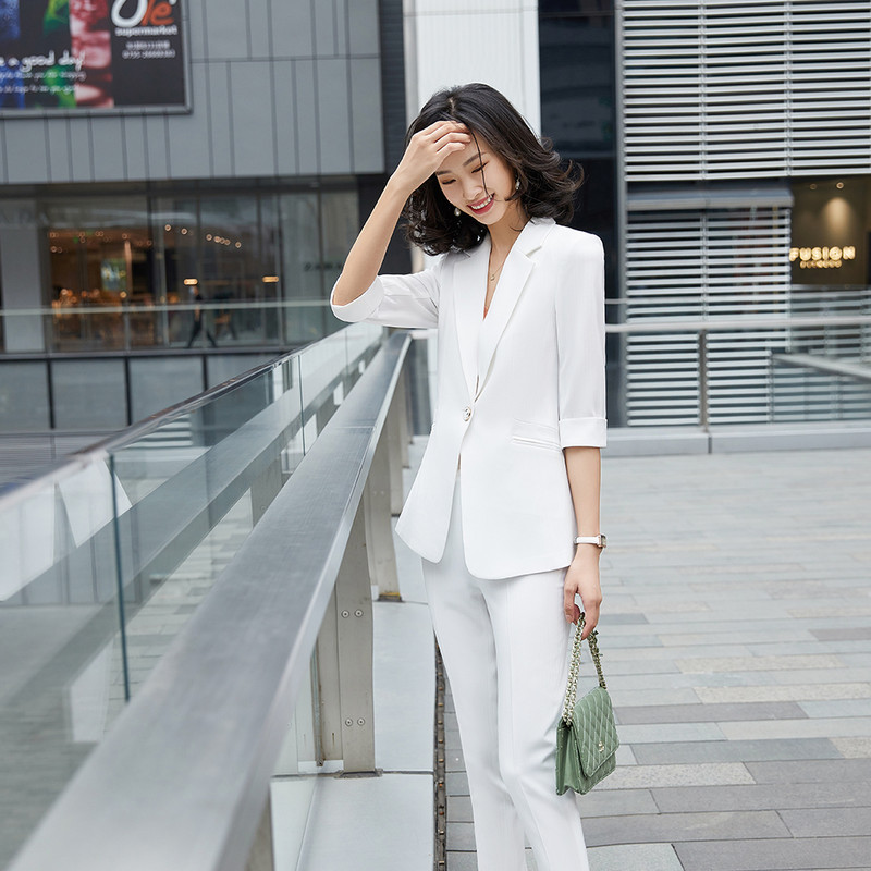 Tavasz nyár női elegáns női nadrág öltöny fehér blézer és nadrág üzleti ruházat irodai női 2 részes szett nagy méretű