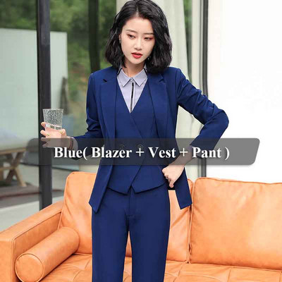 Lenshin 3 részes öltöny, sima formájú irodai női munkaruha, női nagy zsebes nadrágkosztüm, formális női blézer dzseki mellény nadrág