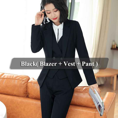 Lenshin 3 részes öltöny, sima formájú irodai női munkaruha, női nagy zsebes nadrágkosztüm, formális női blézer dzseki mellény nadrág