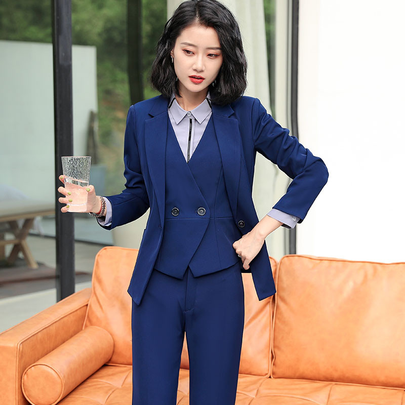 Lenshin 3 részes öltöny, sima formájú irodai női munkaruha, női nagy zsebes nadrágkosztüm, formális női blézer dzseki mellény nadrág