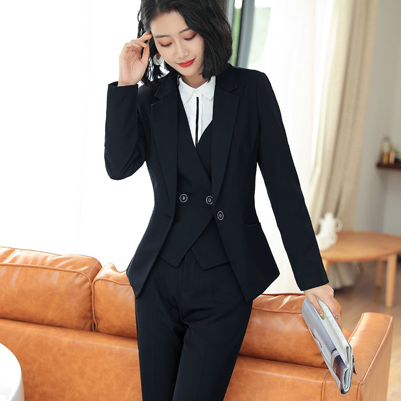 Lenshin 3 részes öltöny, sima formájú irodai női munkaruha, női nagy zsebes nadrágkosztüm, formális női blézer dzseki mellény nadrág