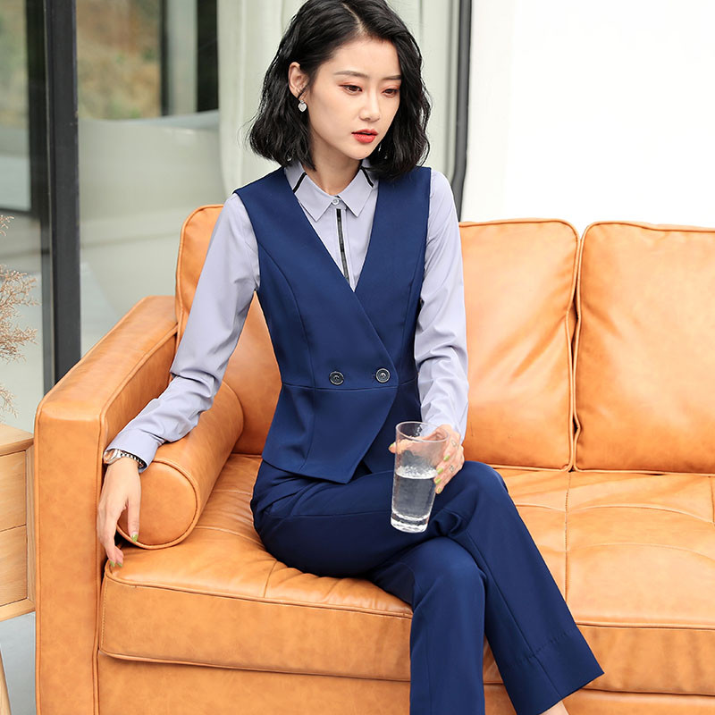 Lenshin 3 részes öltöny, sima formájú irodai női munkaruha, női nagy zsebes nadrágkosztüm, formális női blézer dzseki mellény nadrág