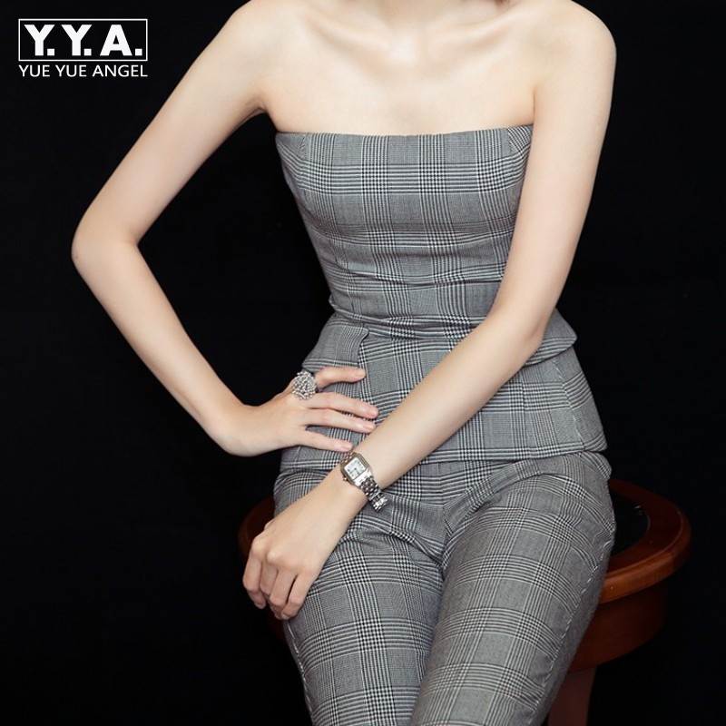 Brit márkájú kockás szexi pánt nélküli cső felső női öltöny Női blézer nadrág szett Üzleti irodai munka Slim Fit Outfit öltönyök