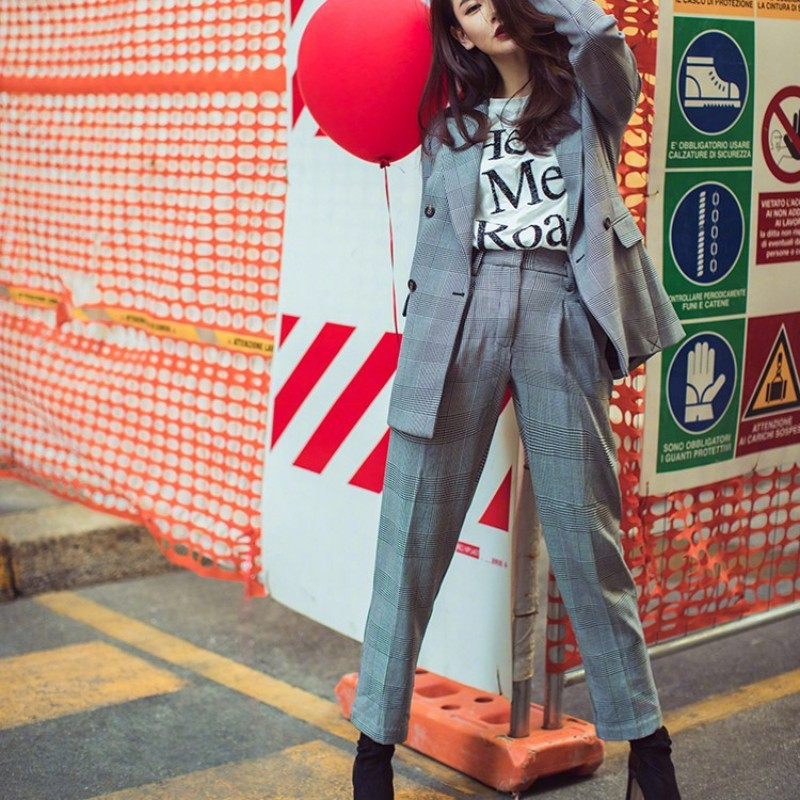 Brit márkájú kockás szexi pánt nélküli cső felső női öltöny Női blézer nadrág szett Üzleti irodai munka Slim Fit Outfit öltönyök