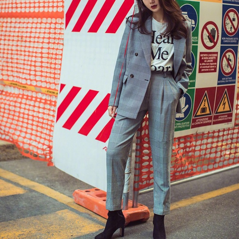 Brit márkájú kockás szexi pánt nélküli cső felső női öltöny Női blézer nadrág szett Üzleti irodai munka Slim Fit Outfit öltönyök